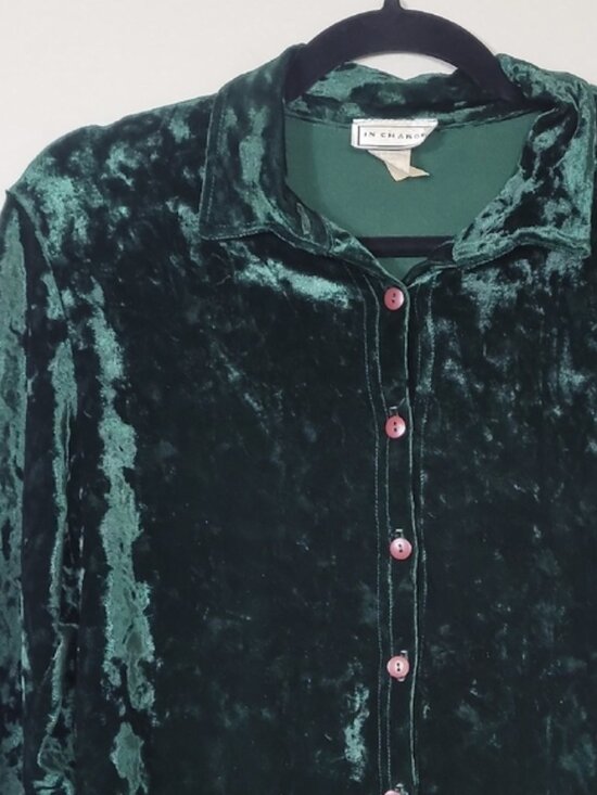 Vintage Women Crushed Velvet Button Up Shirt Size L Green Long Sleeve Collar Y2K - Picture 8 of 11